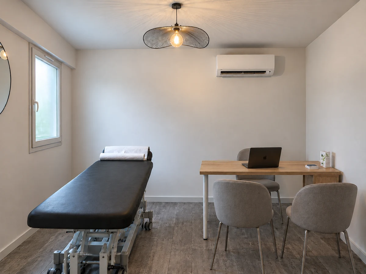 Salle de consultation avec table de soins et bureau