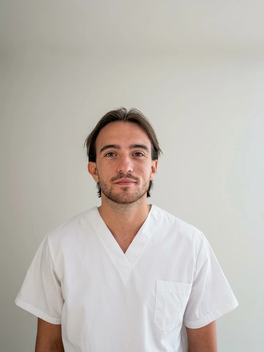 Nicolas Delattre, ostéopathe D.O., en blouse blanche